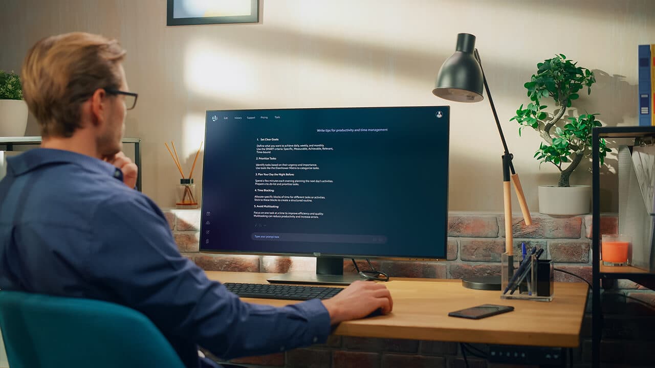 Person using a local AI assistant on a desktop PC at home